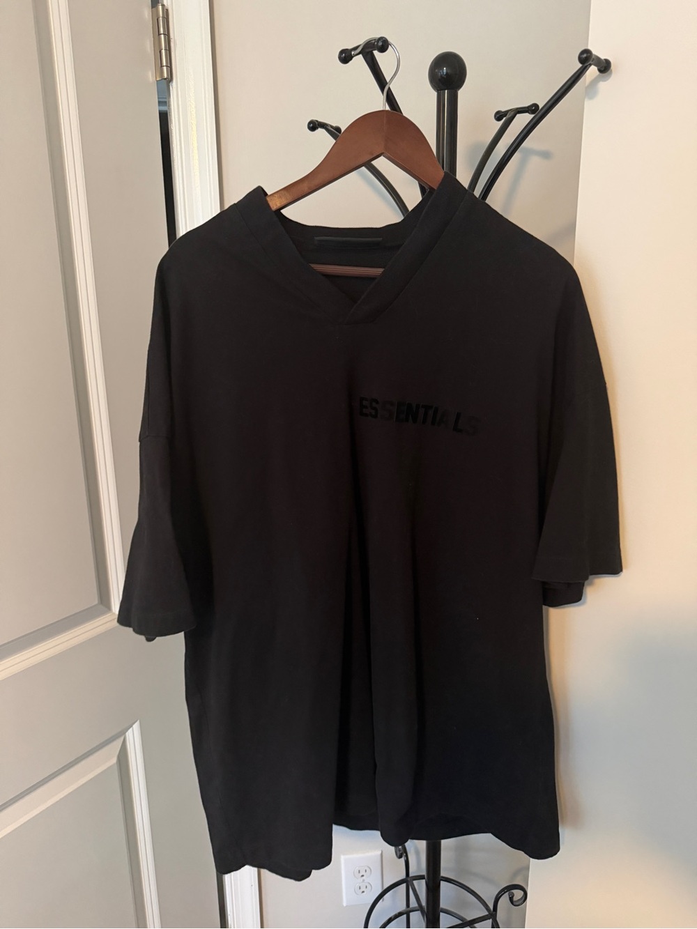 Essentials Black V-Neck Short Sleeve Tee with Subtle Logo